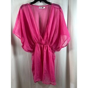 Style 101 Hot Pink Sheer Chiffon V-Neck Swim Cover Up Dress OS Barbiecore Mini